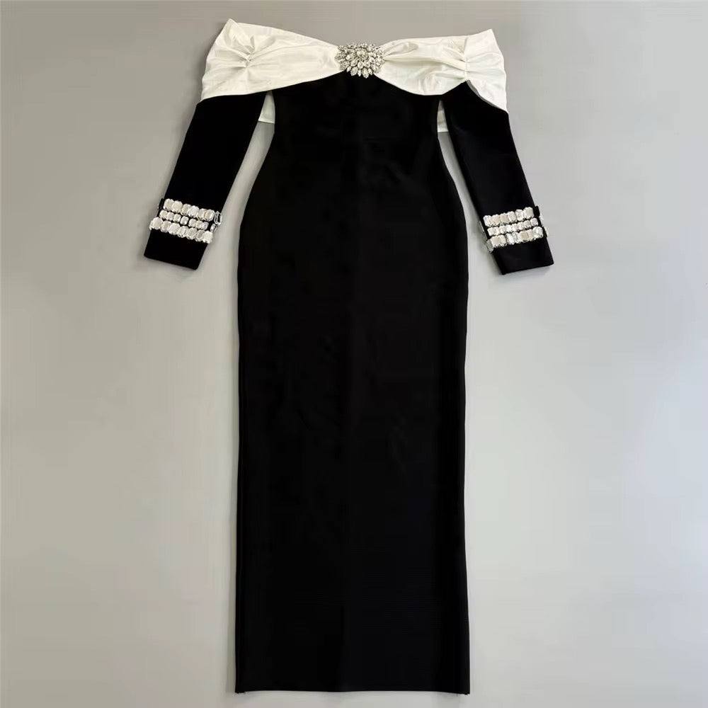 Elegant Black Off-Shoulder Bandage Dress with White Bow