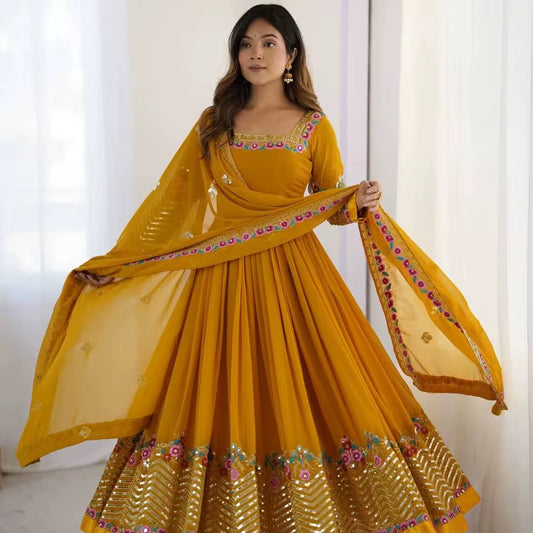 Women Anarkali Kurti Gown With Dupatta - Sequin Georgette