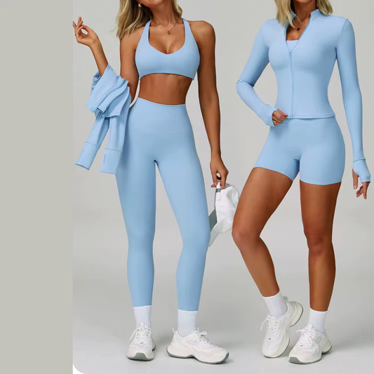 Complete 4-Piece Activewear Set - Jacket, Bra, Leggings & Shorts