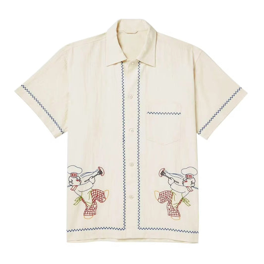 Men's Linen Camp Collar Shirt - Embroidered Herringbone Short Sleeve