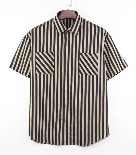Men's Striped Casual Shirt - Cotton Satin Short Sleeve