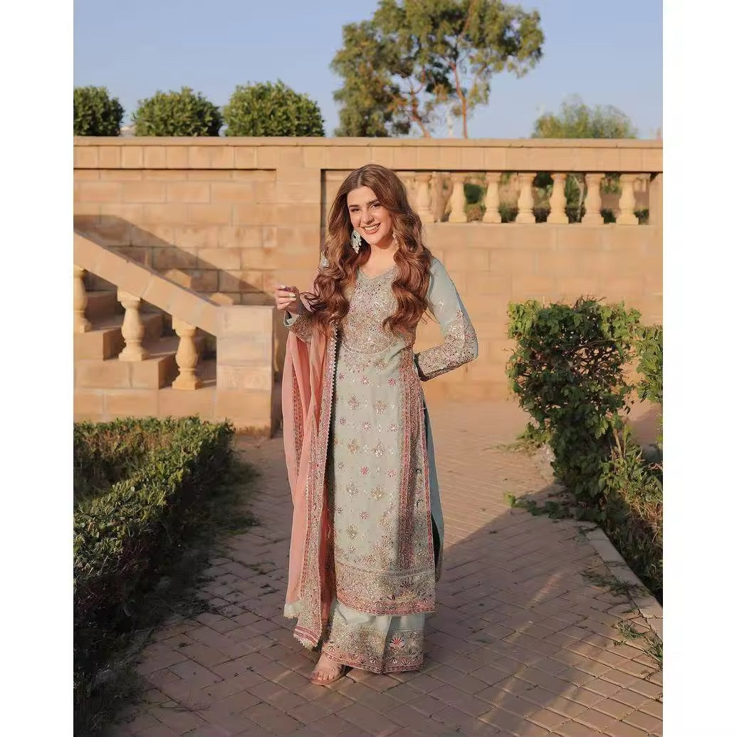 Embroidered Faux Georgette Ball Gown Set - Ready to Wear