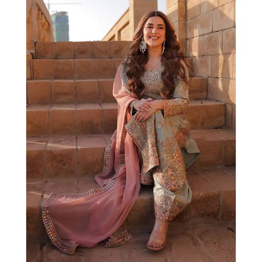 Embroidered Faux Georgette Ball Gown Set - Ready to Wear