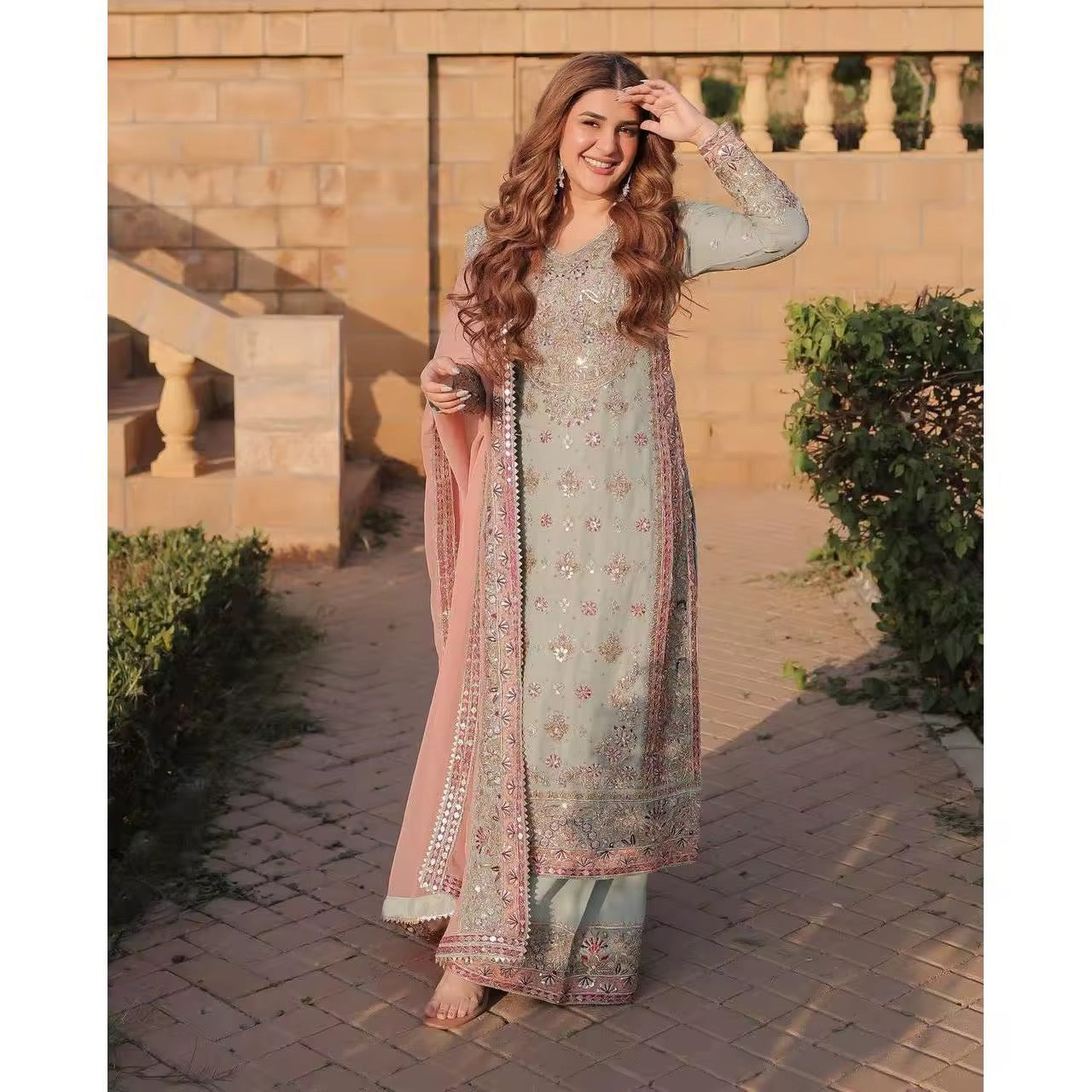 Embroidered Faux Georgette Ball Gown Set - Ready to Wear