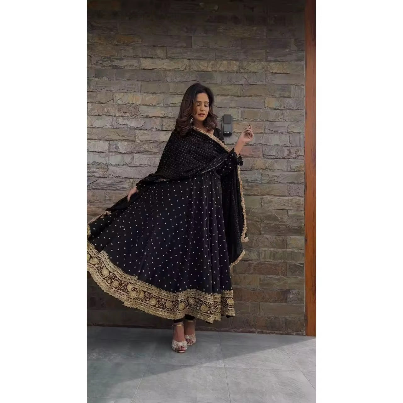 Elegant Black Party Wear Gown with Thread and Sequin Work - 3 Piece Set