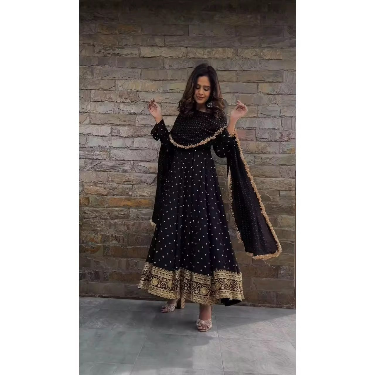 Elegant Black Party Wear Gown with Thread and Sequin Work - 3 Piece Set