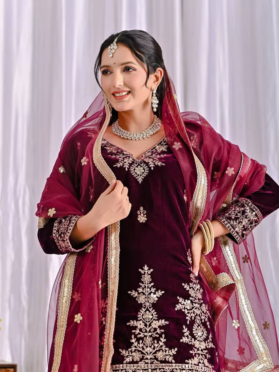 Embossed Velvet Sharara Suit Set