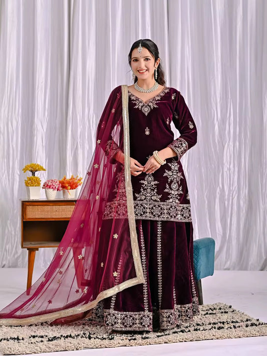 Embossed Velvet Sharara Suit Set