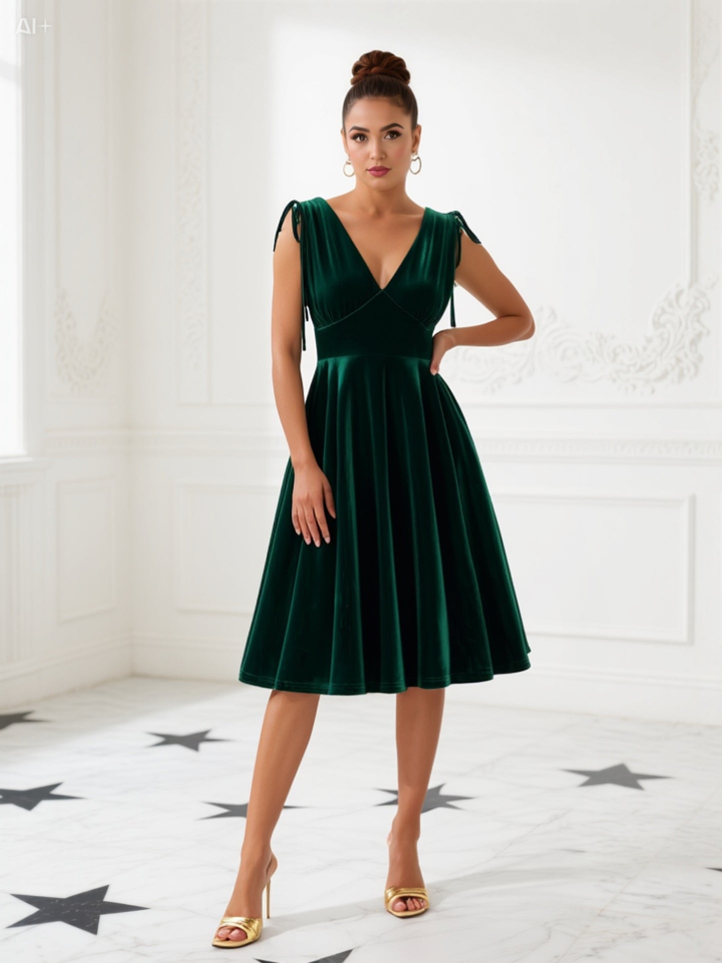 Luxurious Emerald Green Velvet Dress with Tie Shoulders