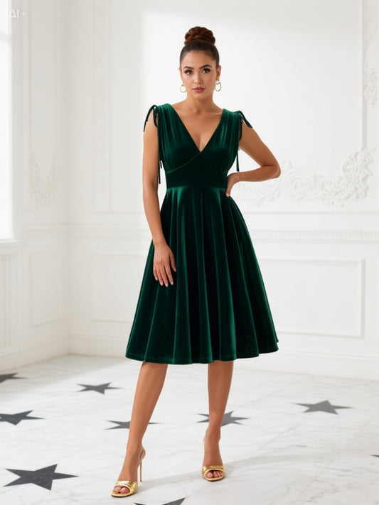 Luxurious Emerald Green Velvet Dress with Tie Shoulders
