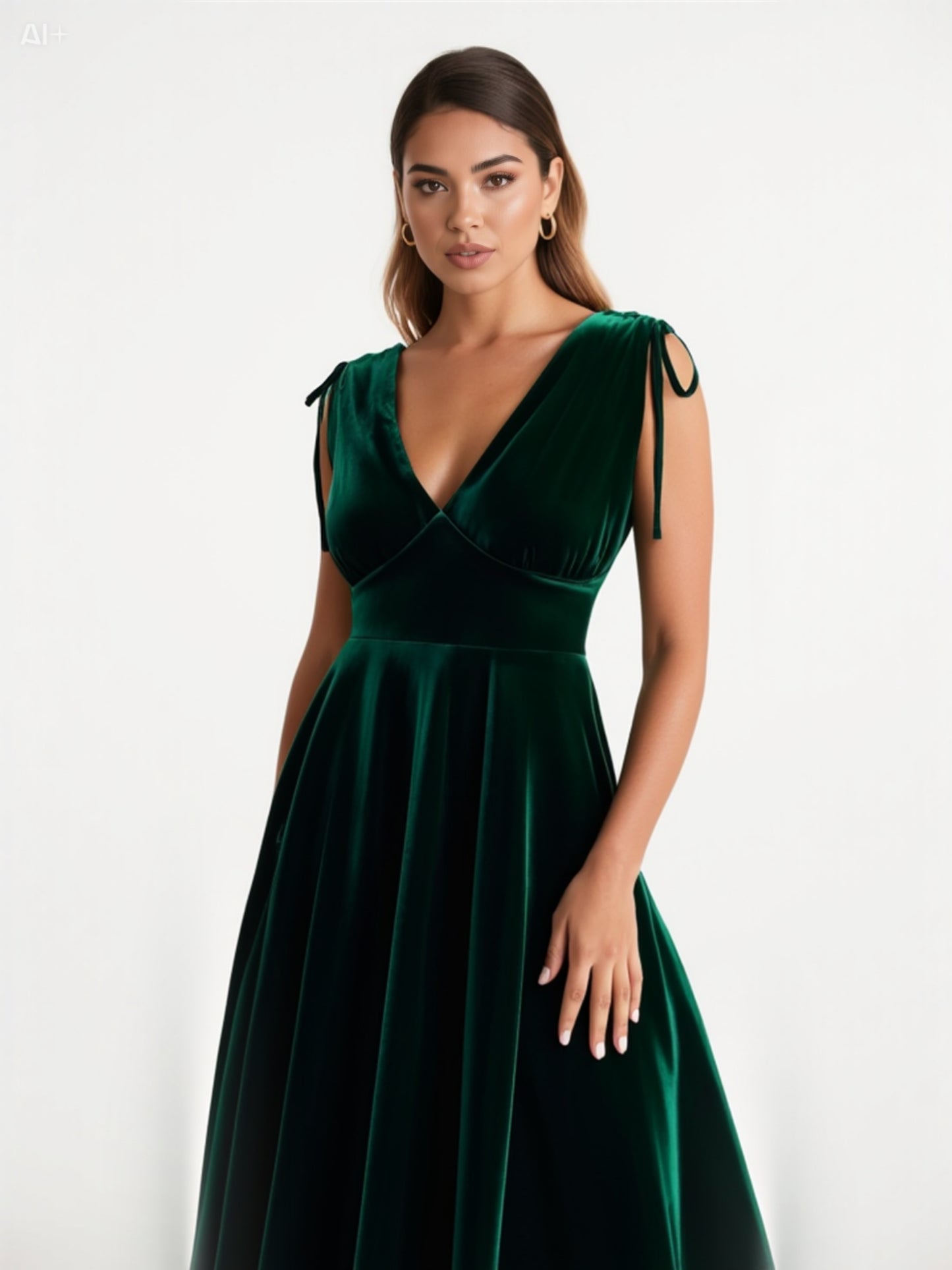 Luxurious Emerald Green Velvet Dress with Tie Shoulders
