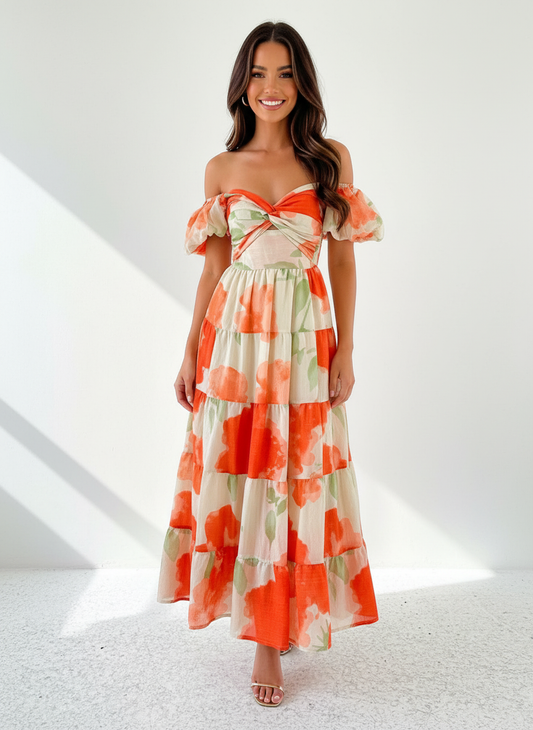Romantic Floral Maxi Dress with V-Neck and Empire Waist