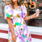 Purple Abstract Midi Dress - Puff Sleeve Smocked Back