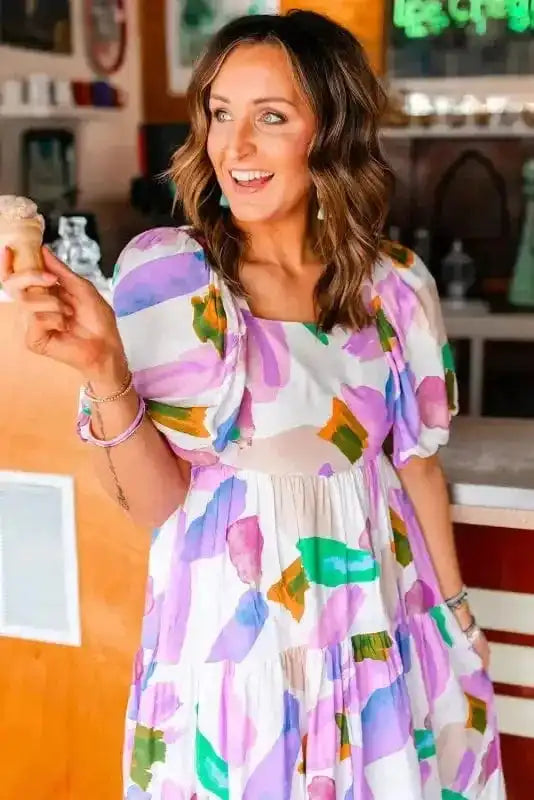 Purple Abstract Midi Dress - Puff Sleeve Smocked Back