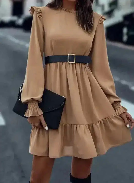 Chic Beige Frill Collar Tiered Dress
