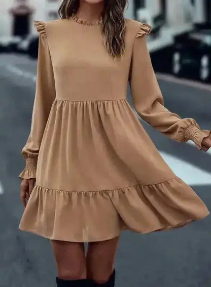 Chic Beige Frill Collar Tiered Dress