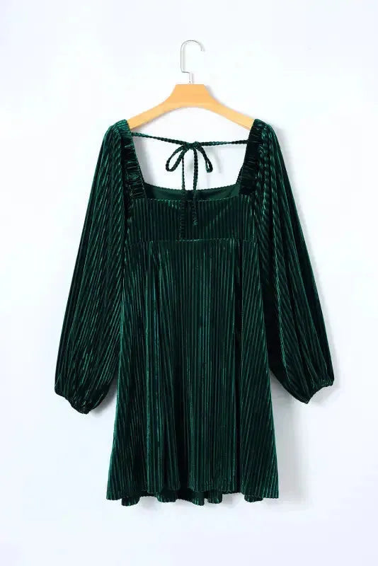 Green Tie Back Square Neck Velvet Babydoll Dress