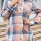 Pink Plaid Roll-tab Sleeve Side Slit Shirt Dress