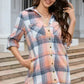 Pink Plaid Roll-tab Sleeve Side Slit Shirt Dress