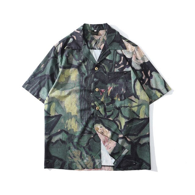 Fashion Painting Print Hawaiian Shirts Male Streetwear Hip Hop Casual Beach Camisas Shirt Summer Men Green Tops