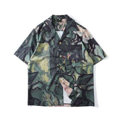 Fashion Painting Print Hawaiian Shirts Male Streetwear Hip Hop Casual Beach Camisas Shirt Summer Men Green Tops