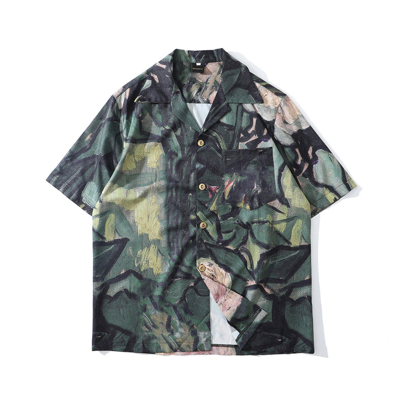 Fashion Painting Print Hawaiian Shirts Male Streetwear Hip Hop Casual Beach Camisas Shirt Summer Men Green Tops