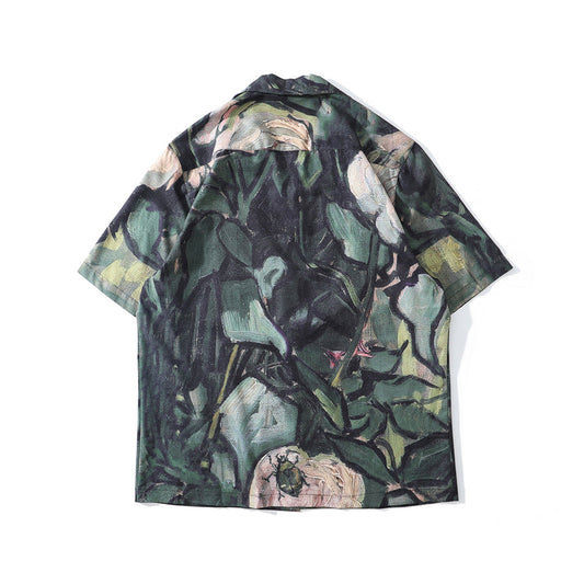 Fashion Painting Print Hawaiian Shirts Male Streetwear Hip Hop Casual Beach Camisas Shirt Summer Men Green Tops