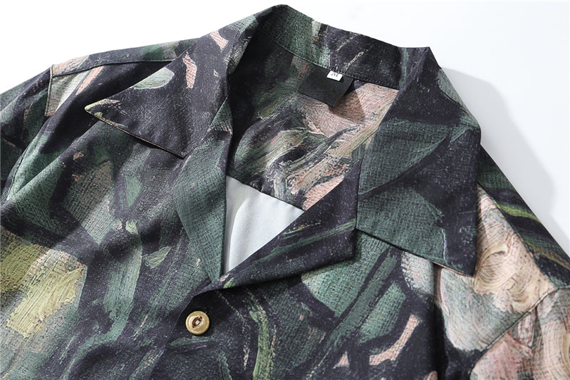 Fashion Painting Print Hawaiian Shirts Male Streetwear Hip Hop Casual Beach Camisas Shirt Summer Men Green Tops