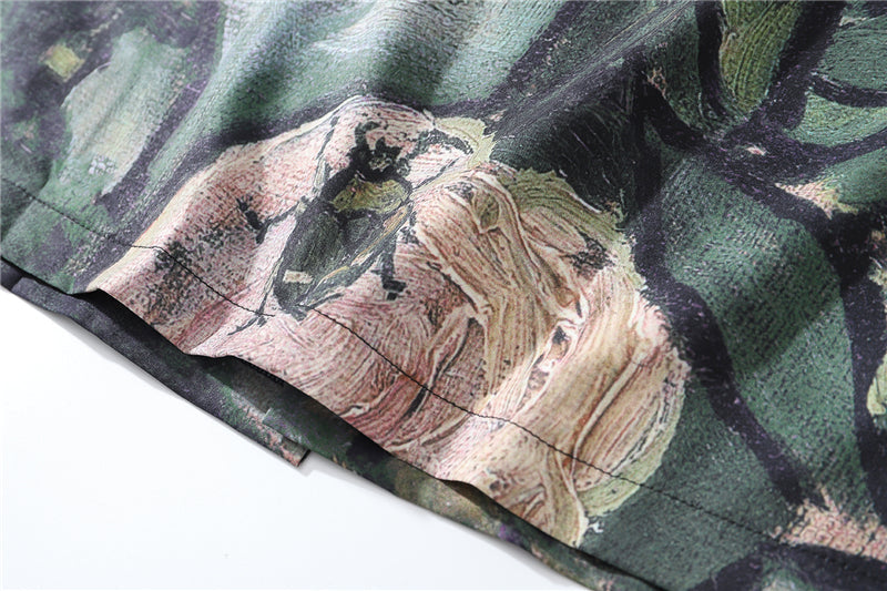 Fashion Painting Print Hawaiian Shirts Male Streetwear Hip Hop Casual Beach Camisas Shirt Summer Men Green Tops