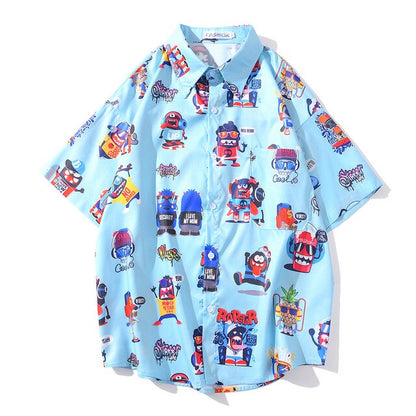 New Men's Cool Shirt Hawaiian Camicias Casual White Beach Shirts Hip Hop Street Cartoon Print Short Sleeve Tops