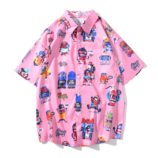 New Men's Cool Shirt Hawaiian Camicias Casual White Beach Shirts Hip Hop Street Cartoon Print Short Sleeve Tops