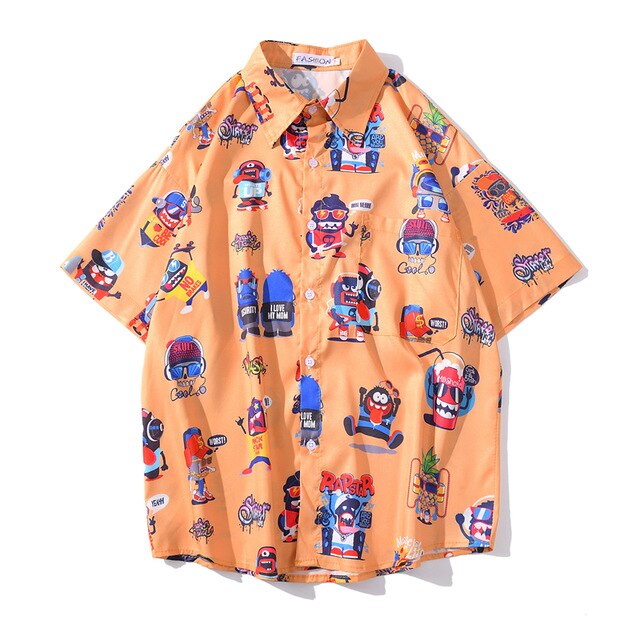 New Men's Cool Shirt Hawaiian Camicias Casual White Beach Shirts Hip Hop Street Cartoon Print Short Sleeve Tops