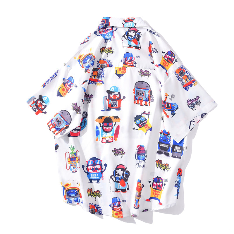 New Men's Cool Shirt Hawaiian Camicias Casual White Beach Shirts Hip Hop Street Cartoon Print Short Sleeve Tops