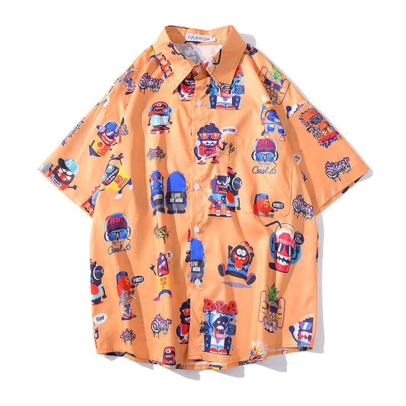 New Men's Cool Shirt Hawaiian Camicias Casual White Beach Shirts Hip Hop Street Cartoon Print Short Sleeve Tops