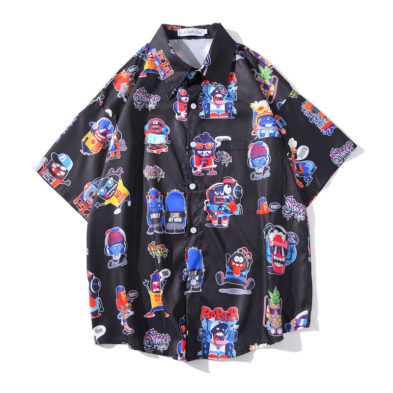 New Men's Cool Shirt Hawaiian Camicias Casual White Beach Shirts Hip Hop Street Cartoon Print Short Sleeve Tops