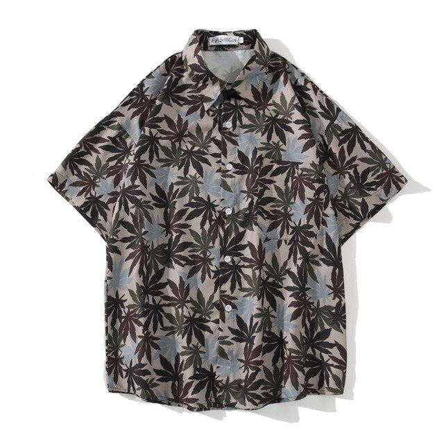 Hip Hop Shirts Men Women Leaves Print Hawaiian Trend Casual Streetwear Shirt Harajuku Short Sleeve Tops