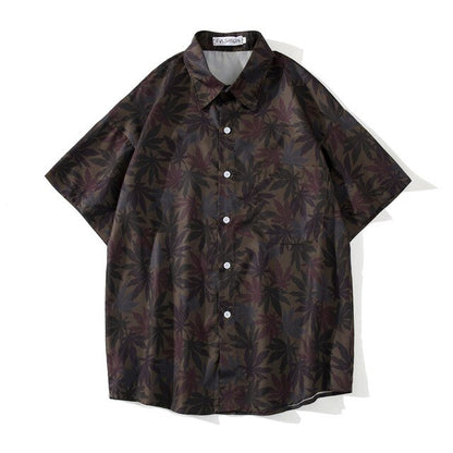 Hip Hop Shirts Men Women Leaves Print Hawaiian Trend Casual Streetwear Shirt Harajuku Short Sleeve Tops