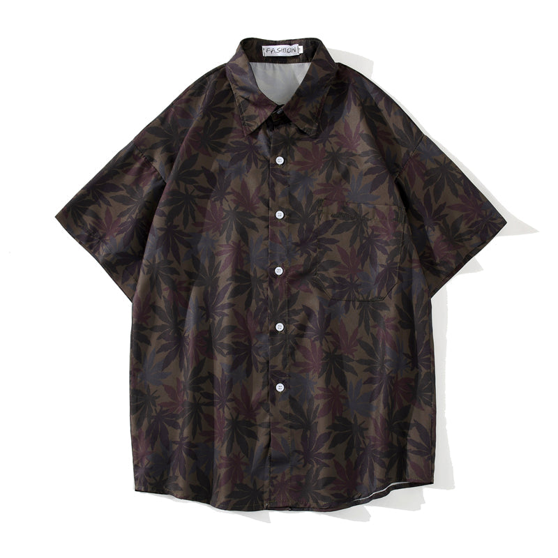 Hip Hop Shirts Men Women Leaves Print Hawaiian Trend Casual Streetwear Shirt Harajuku Short Sleeve Tops
