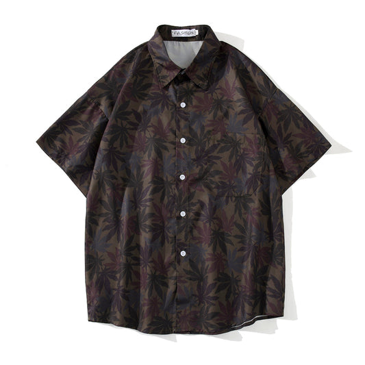 Hip Hop Shirts Men Women Leaves Print Hawaiian Trend Casual Streetwear Shirt Harajuku Short Sleeve Tops